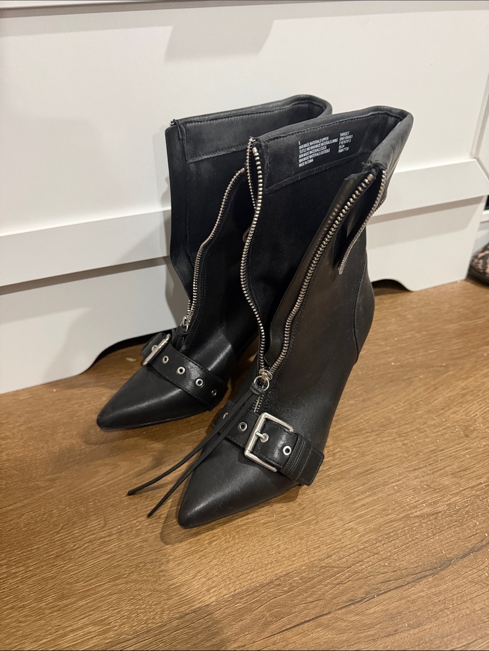 a new day Black Pointed-Toe Ankle Boots with Front Zipper and Buckle